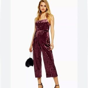 Topshop Strappy Velvet Jumpsuit Spaghetti Cropped Wide Leg Burgundy Sz 8
